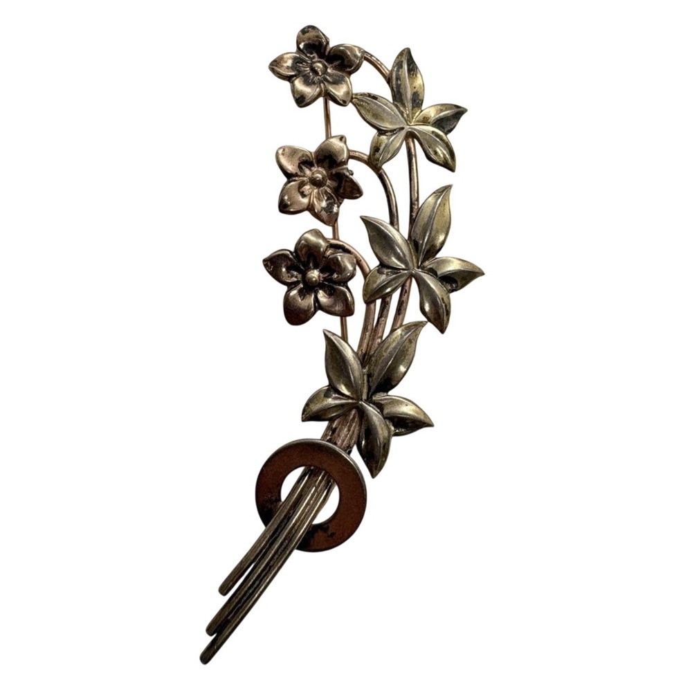 Vintage Sterling Silver Flower Spray Brooch Mid Century Botanical Pin 1940s 8.6g